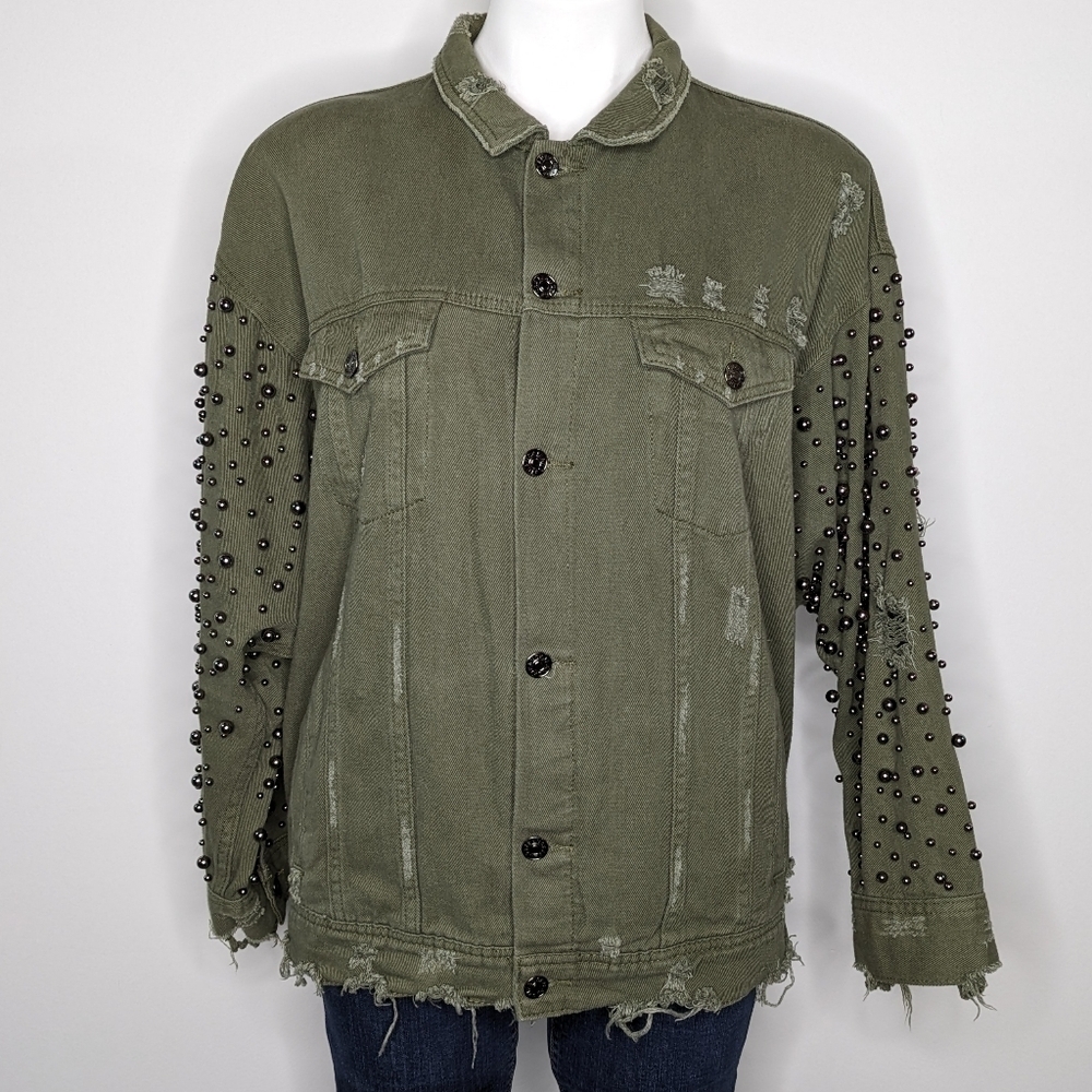 Sunset + Spring green denim grey bead boho oversized jean jacket L